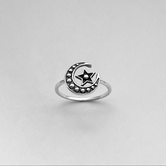 Sterling Silver Crescent Moon and Star Ring with Dots, Celestial Rings, Sky Ring - Picture 10 of 12